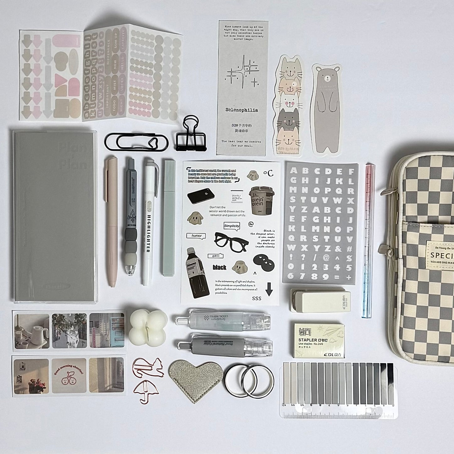 Minimal grey aesthetic planner and stationery set with journal, pens, stickers and pencil case
