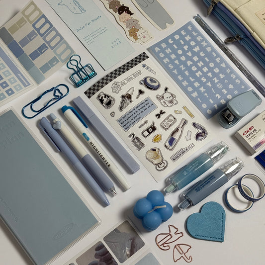 Blue aesthetic planner and stationery set with journal, pens, stickers and pencil case
