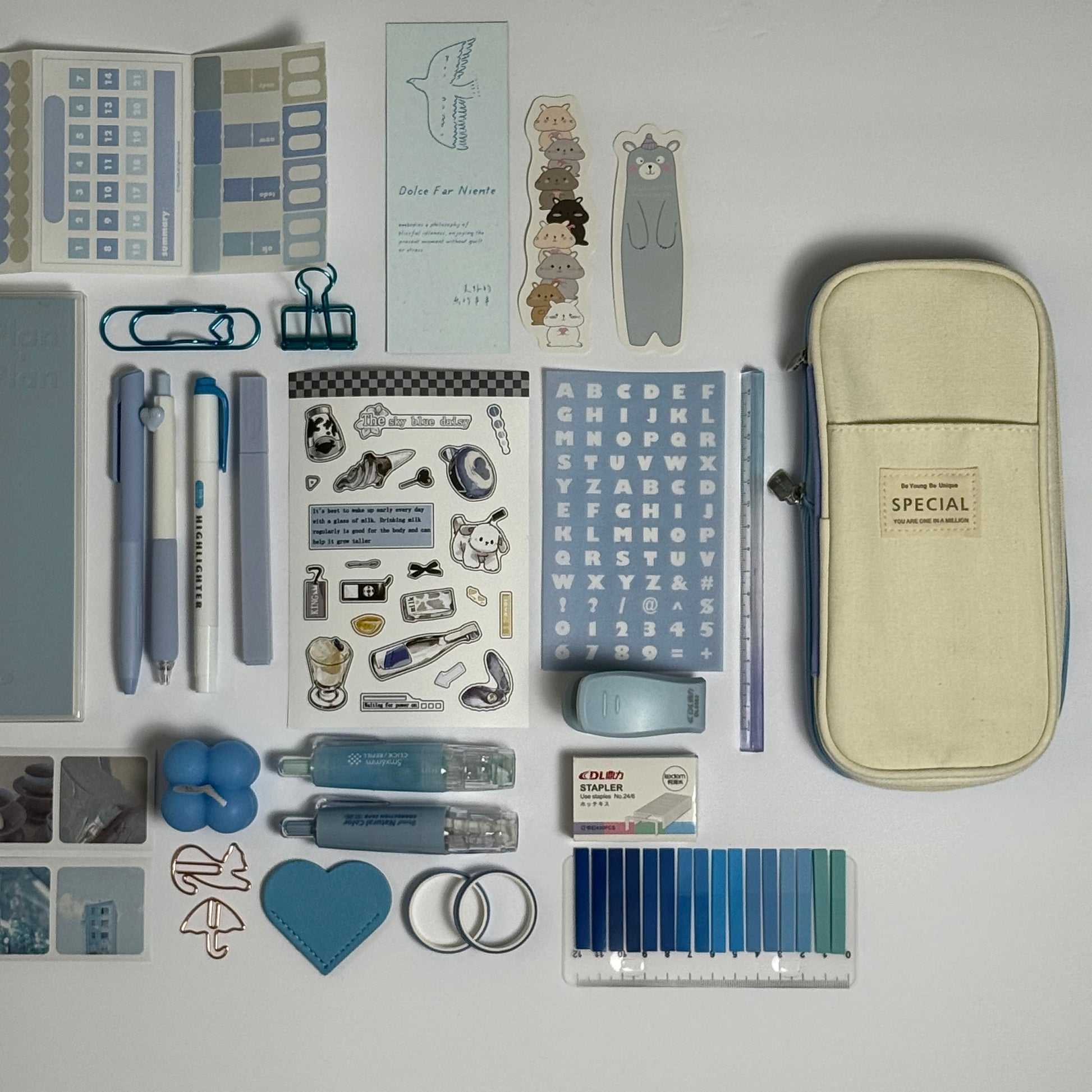 Aesthetic blue planner kit with stationery accessories