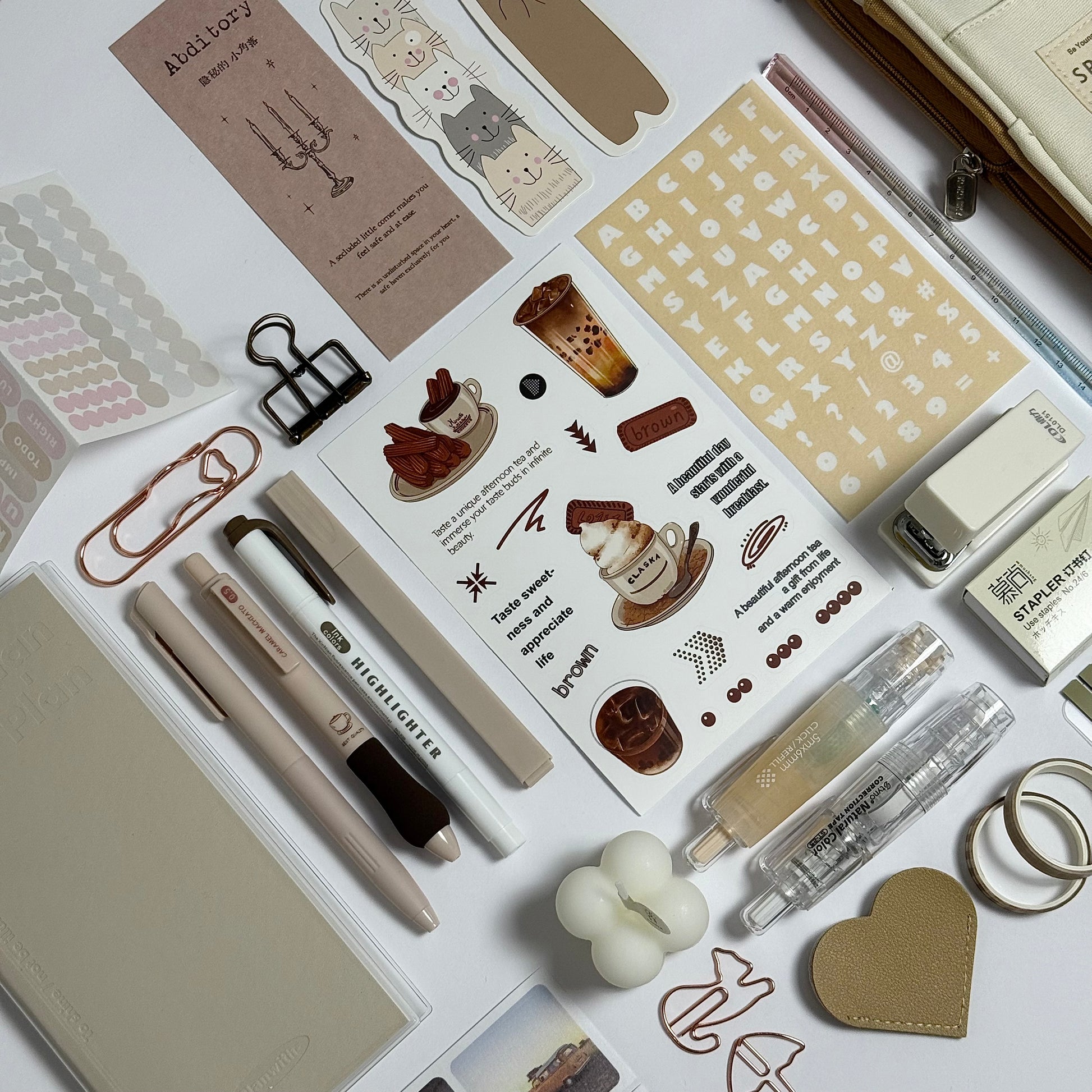 Brown aesthetic planner and stationery set with journal, pens, stickers and pencil case