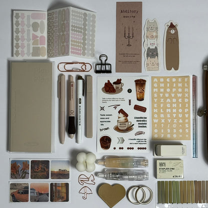 Aesthetic brown planner kit with stationery accessories