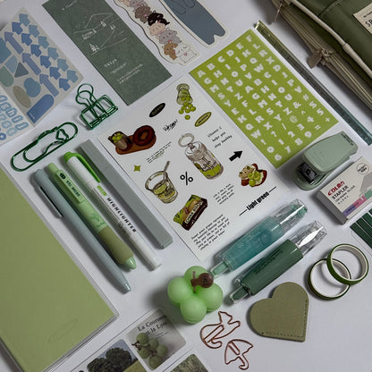Green aesthetic planner and stationery set with journal, pens, stickers and pencil case