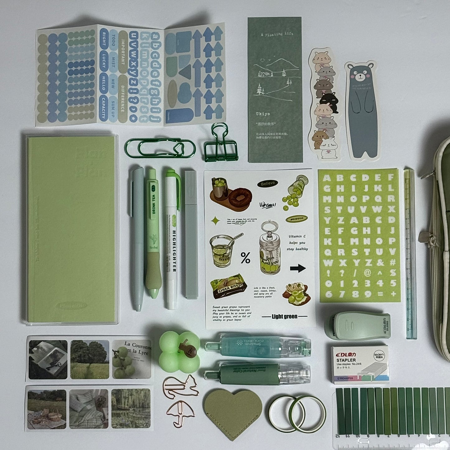 Aesthetic green planner kit with stationery accessories