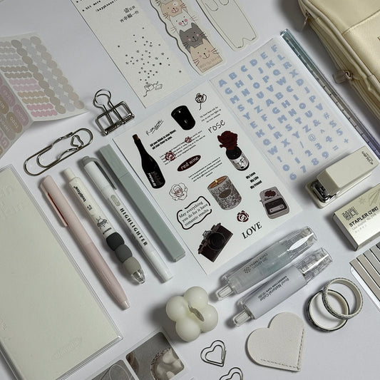 Ivory aesthetic planner and stationery set with journal, pens, stickers and pencil case
