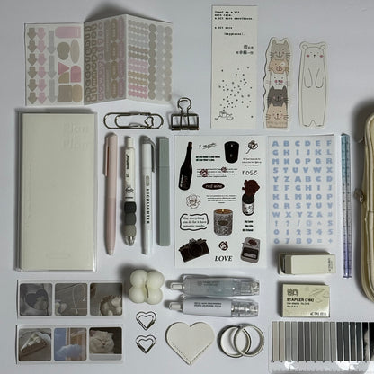 Ivory aesthetic planner and stationery set with journal, pens, stickers and pencil case