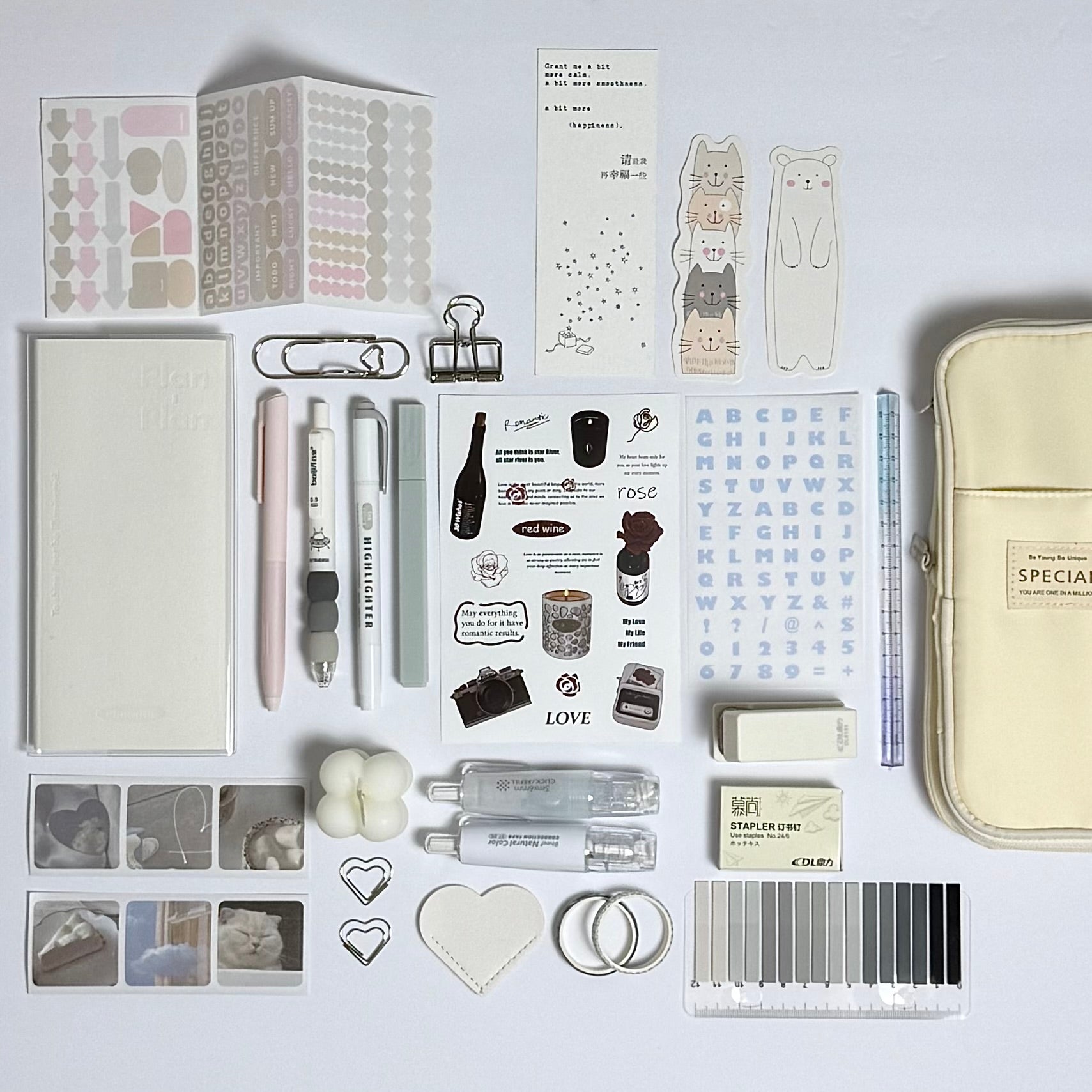 Ivory aesthetic planner and stationery set with journal, pens, stickers and pencil case

