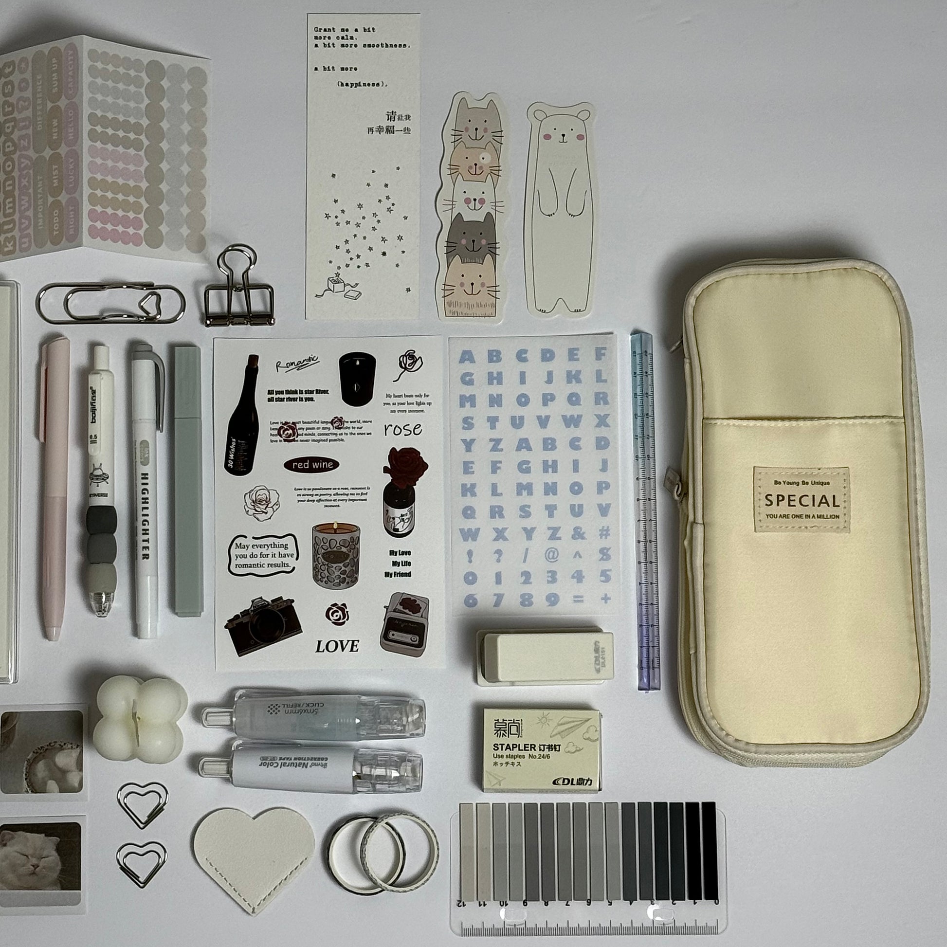 Ivory aesthetic planner and stationery set with journal, pens, stickers and pencil case