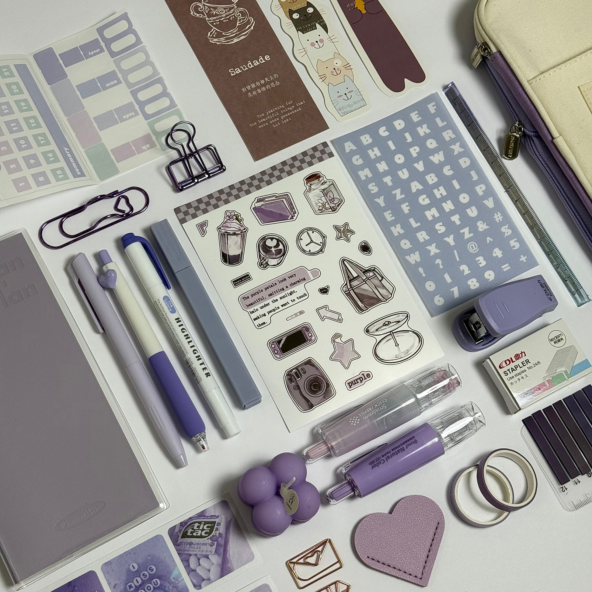 Lavender aesthetic planner and stationery set with pens, stickers and journal