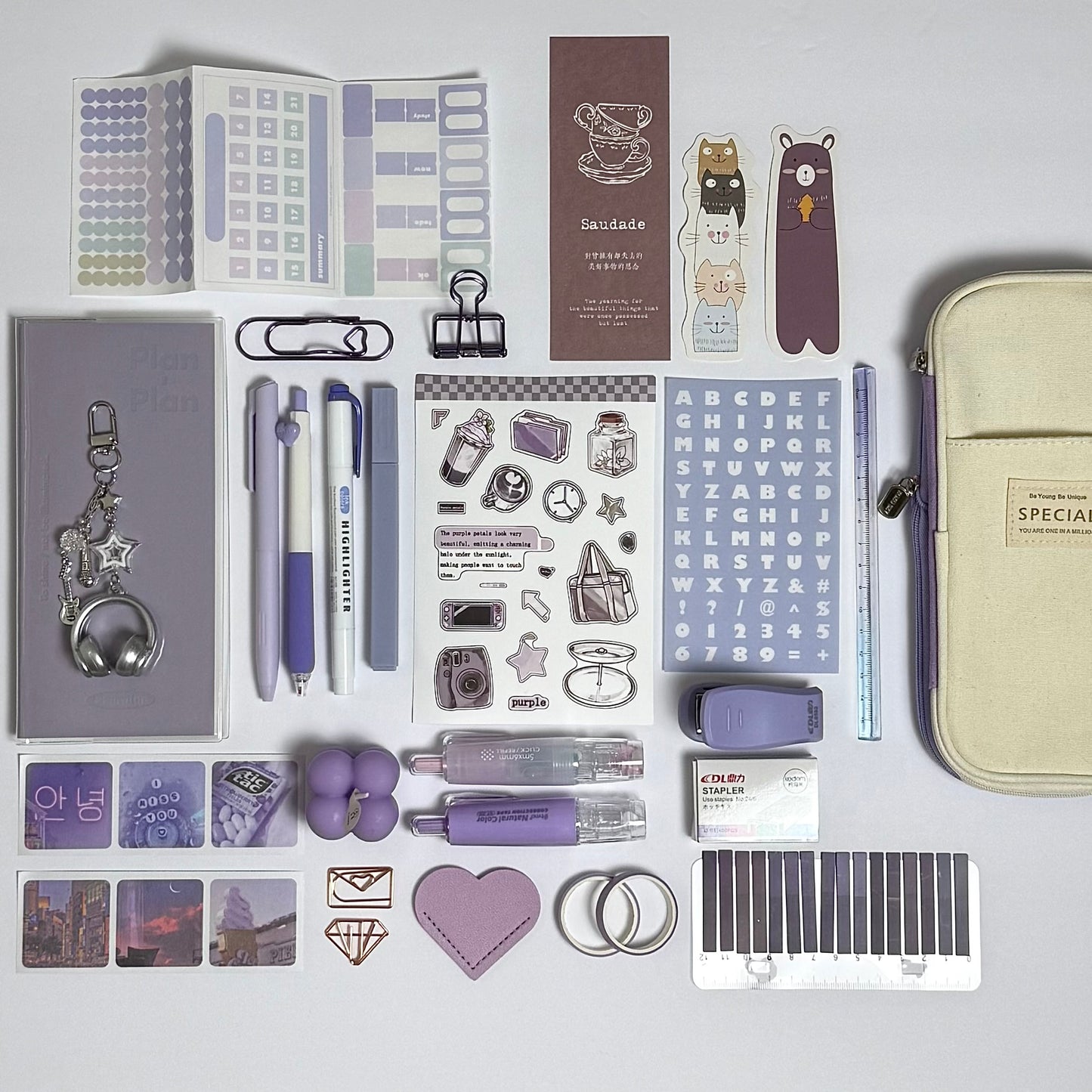 Lavender aesthetic planner and stationery set with pens, stickers and journal