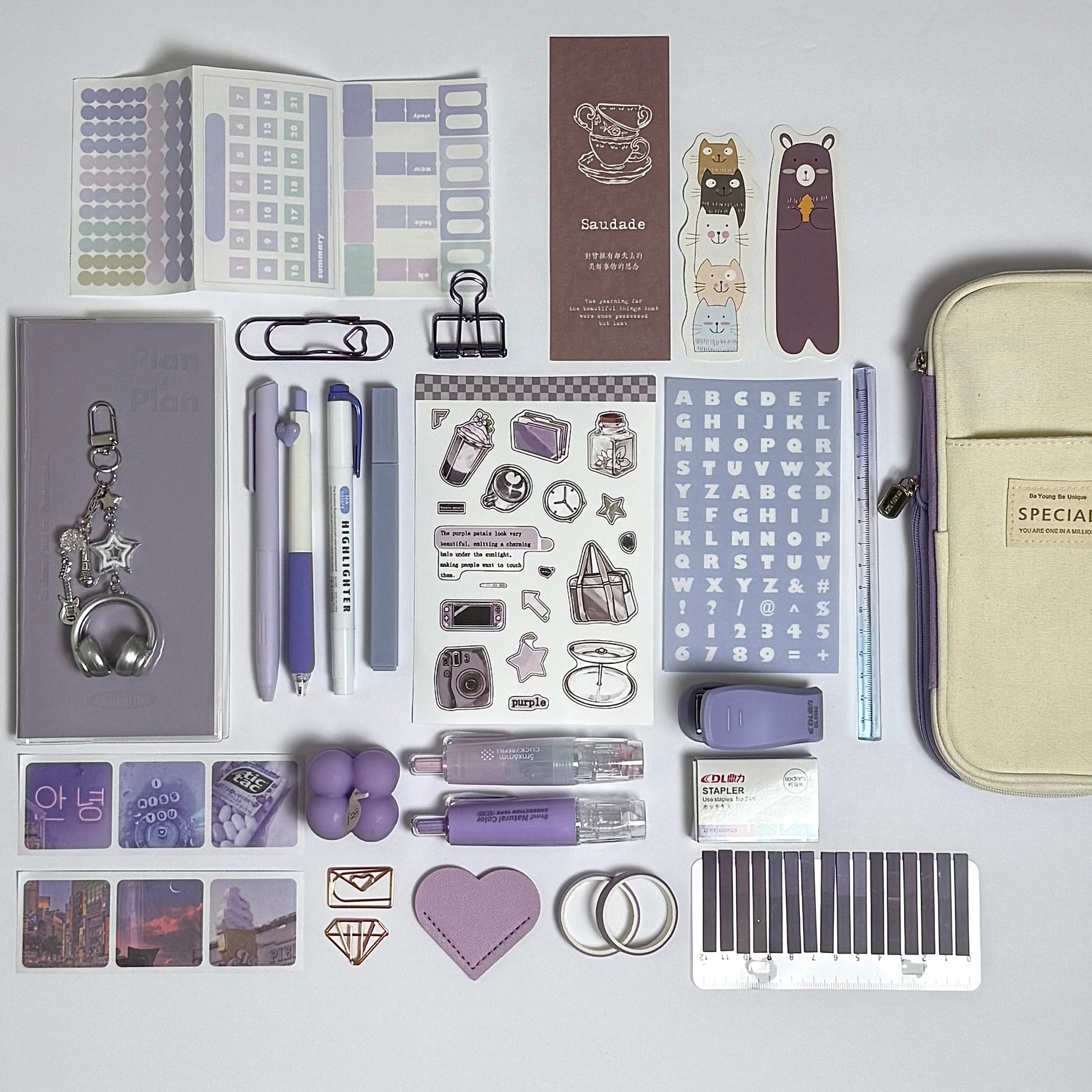 Lavender aesthetic planner and stationery set with pens, stickers and journal