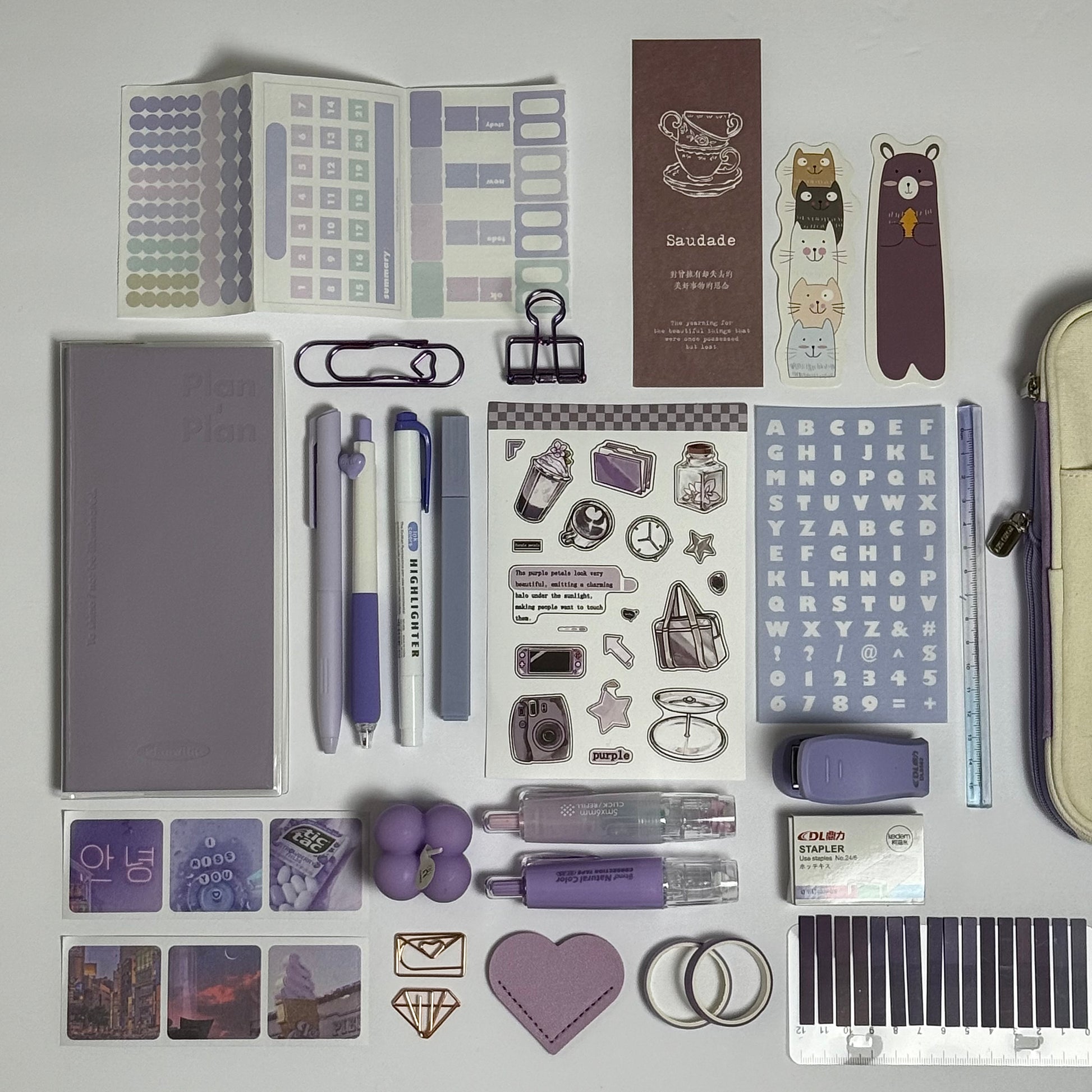Lavender aesthetic planner and stationery set with pens, stickers and journal