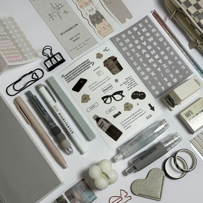 Minimal grey aesthetic planner and stationery set with journal, pens, stickers and pencil case