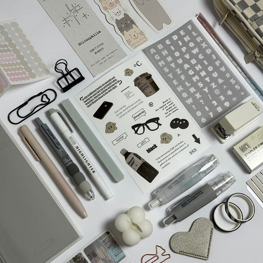 Minimal grey aesthetic planner and stationery set with journal, pens, stickers and pencil case