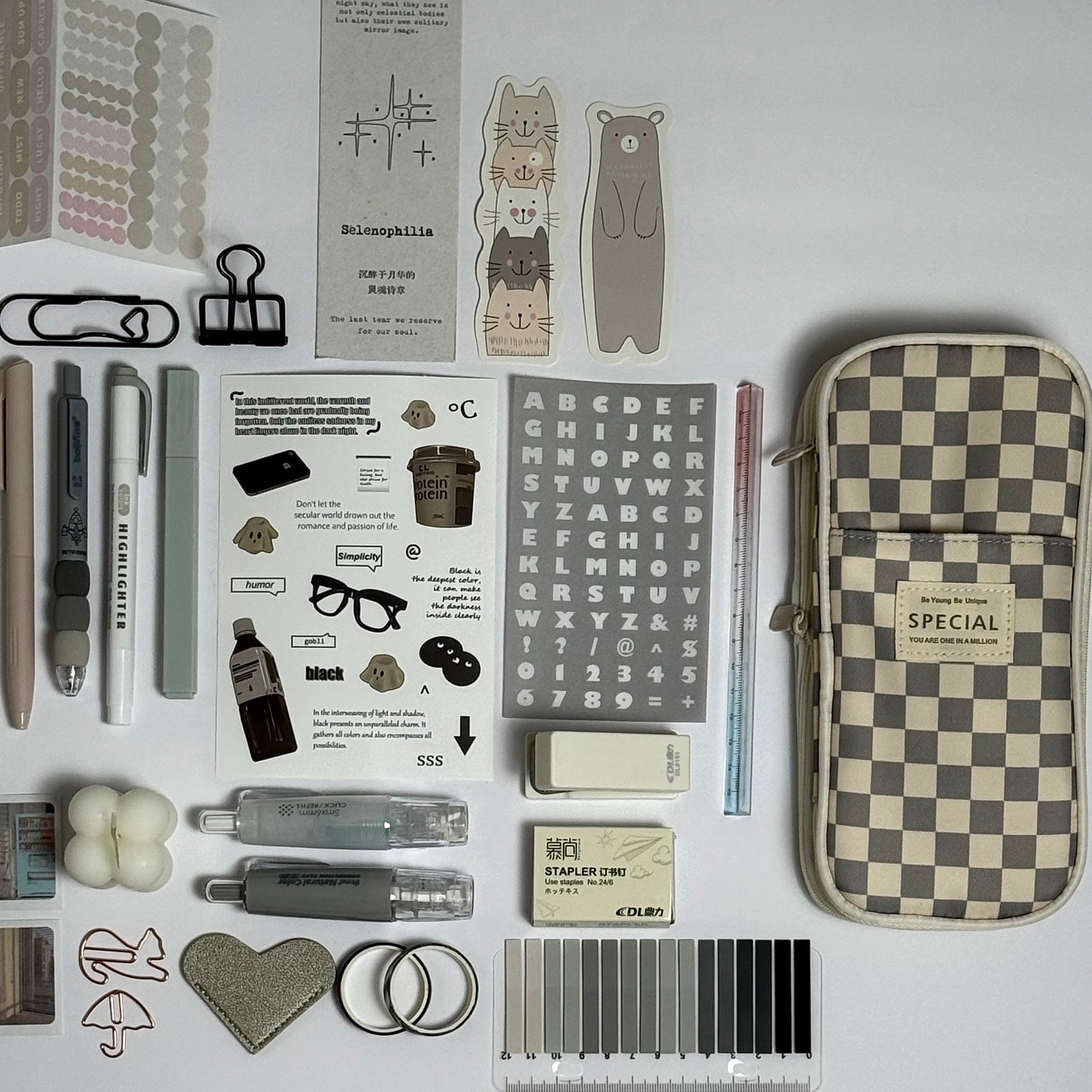 Minimal grey aesthetic planner and stationery set with journal, pens, stickers and pencil case
