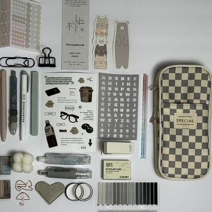 Minimal grey aesthetic planner and stationery set with journal, pens, stickers and pencil case
