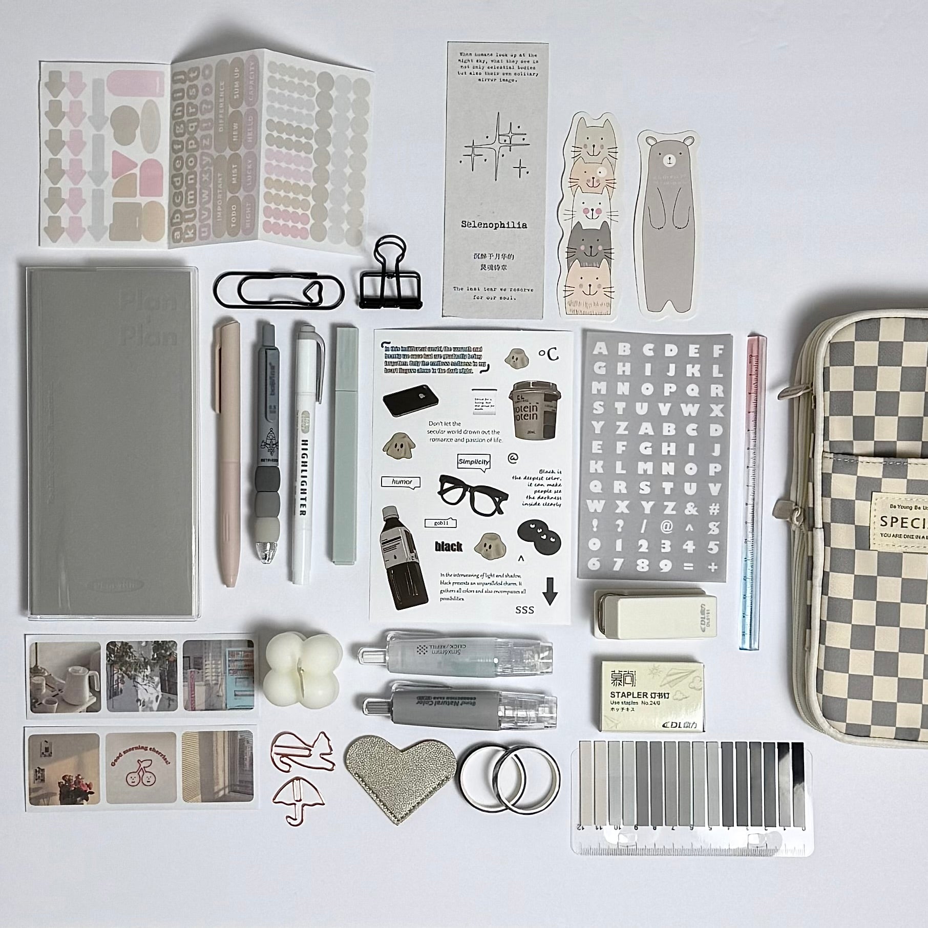 Minimal grey aesthetic planner and stationery set with journal, pens, stickers and pencil case