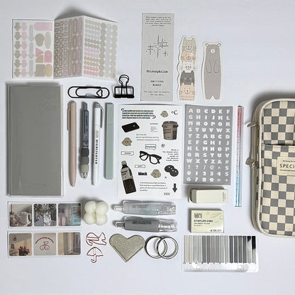 Minimal grey aesthetic planner and stationery set with journal, pens, stickers and pencil case