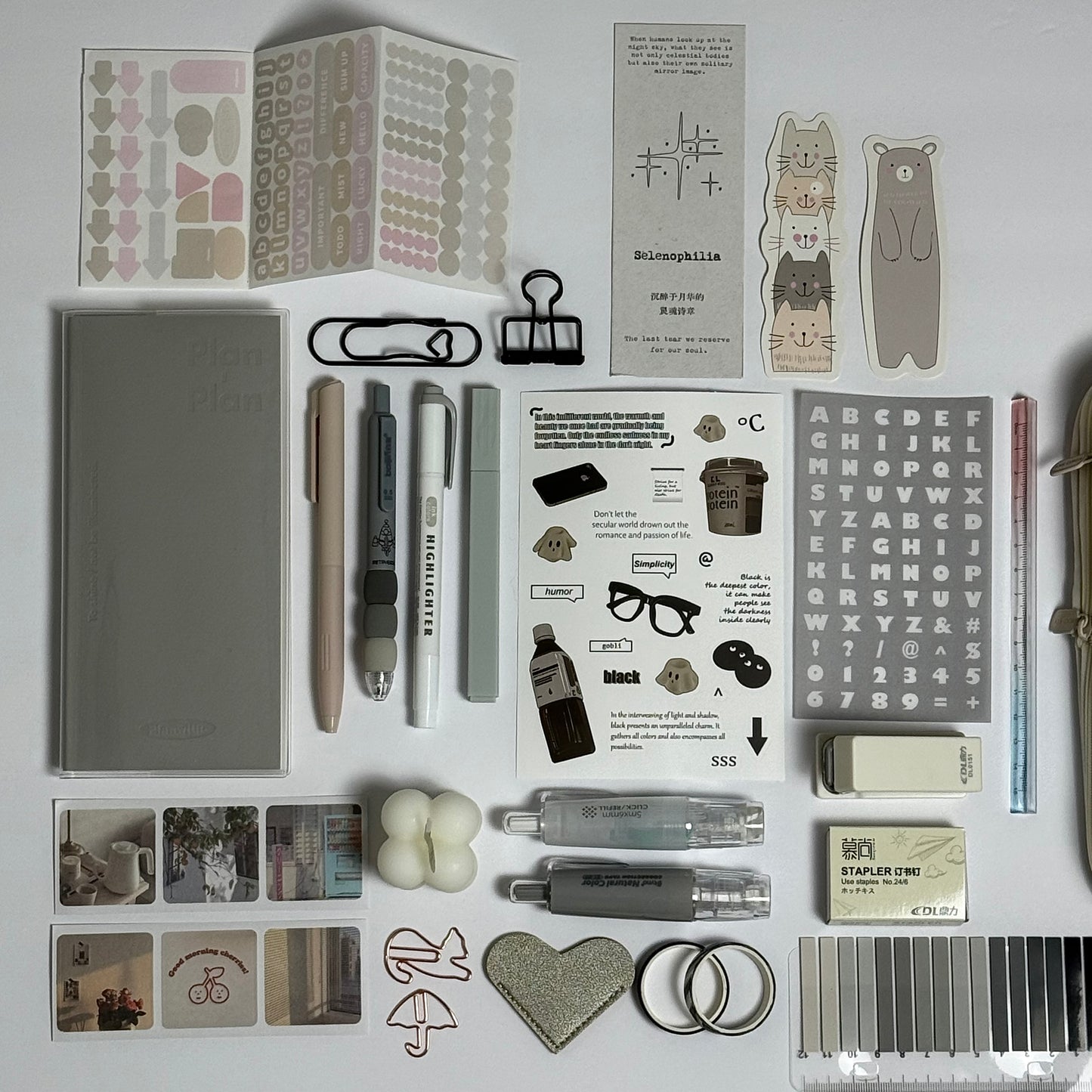 Minimal grey aesthetic planner and stationery set with journal, pens, stickers and pencil case
