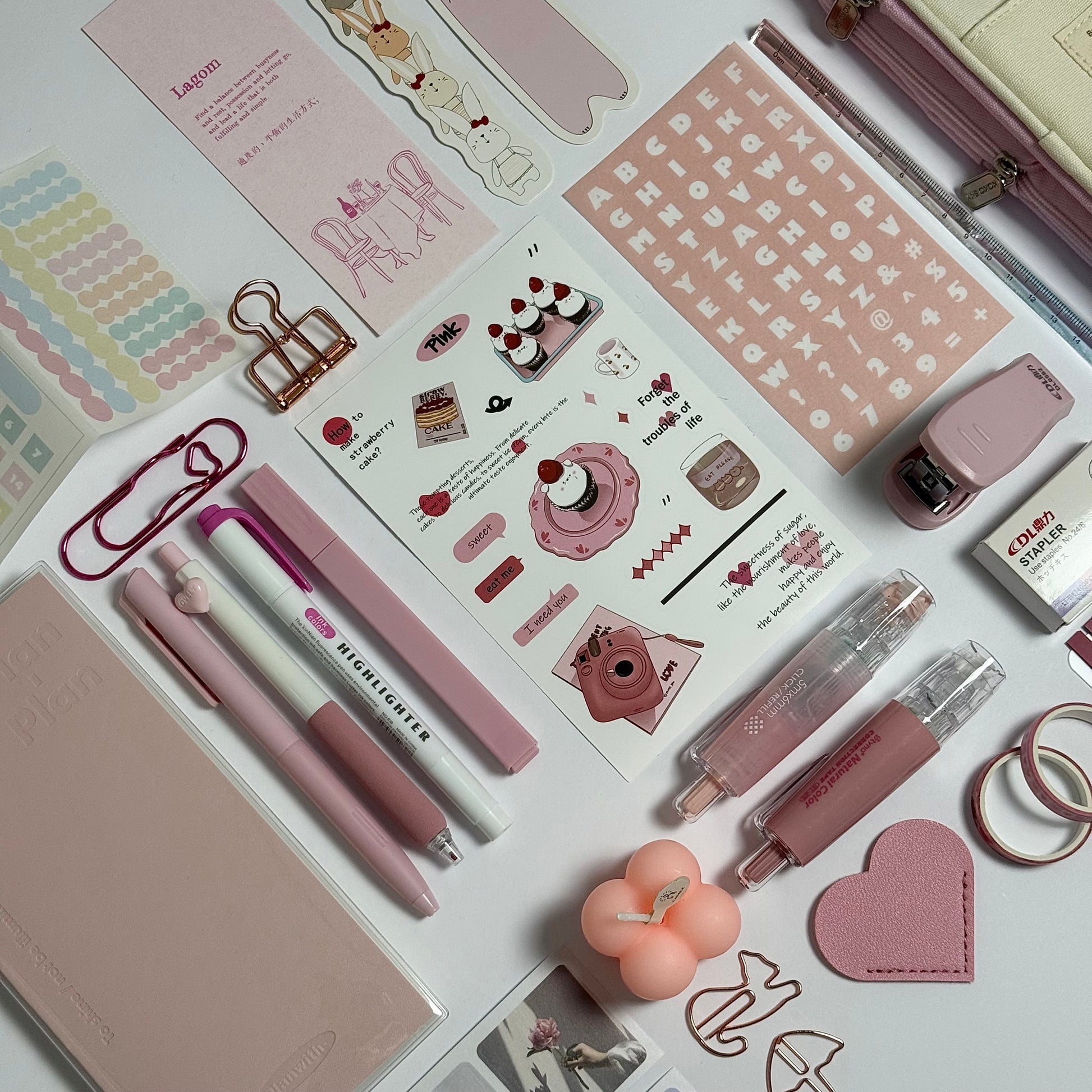 Pink aesthetic planner and stationery set with journal, pens, stickers and pencil case